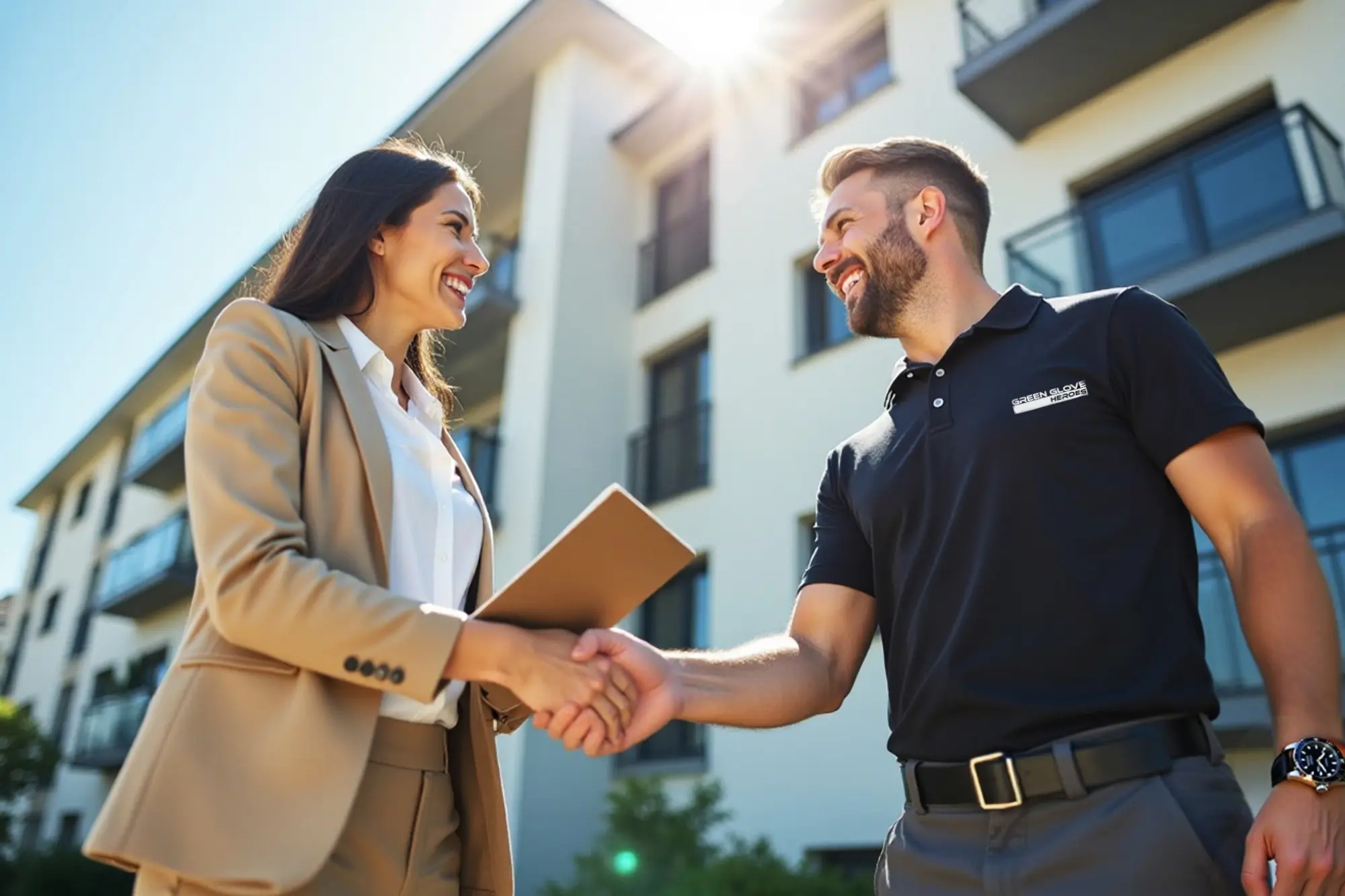 A Green Glove Heroes representative meeting with a property manager on site