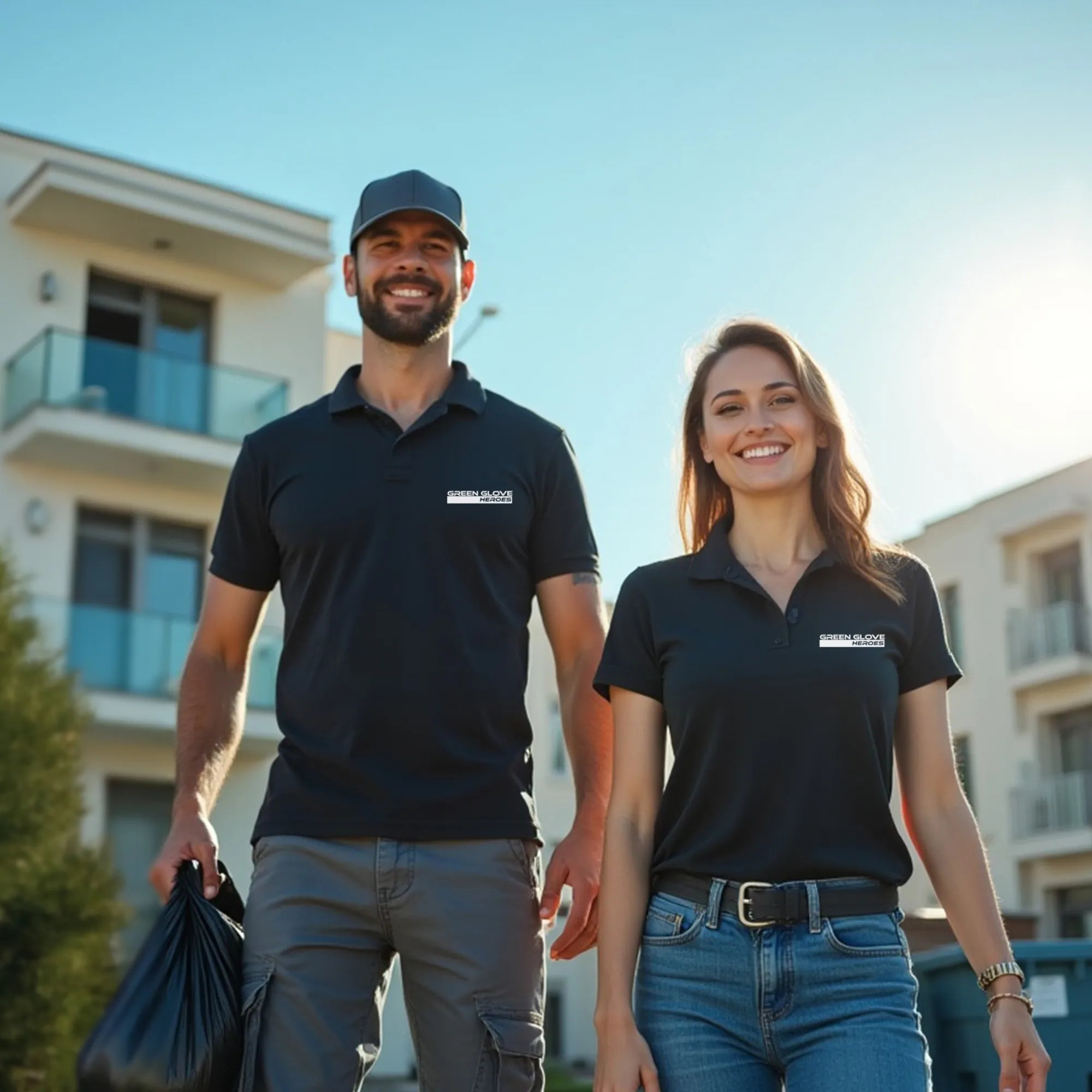 Two Green Glove Heroes team members walking through a residential property