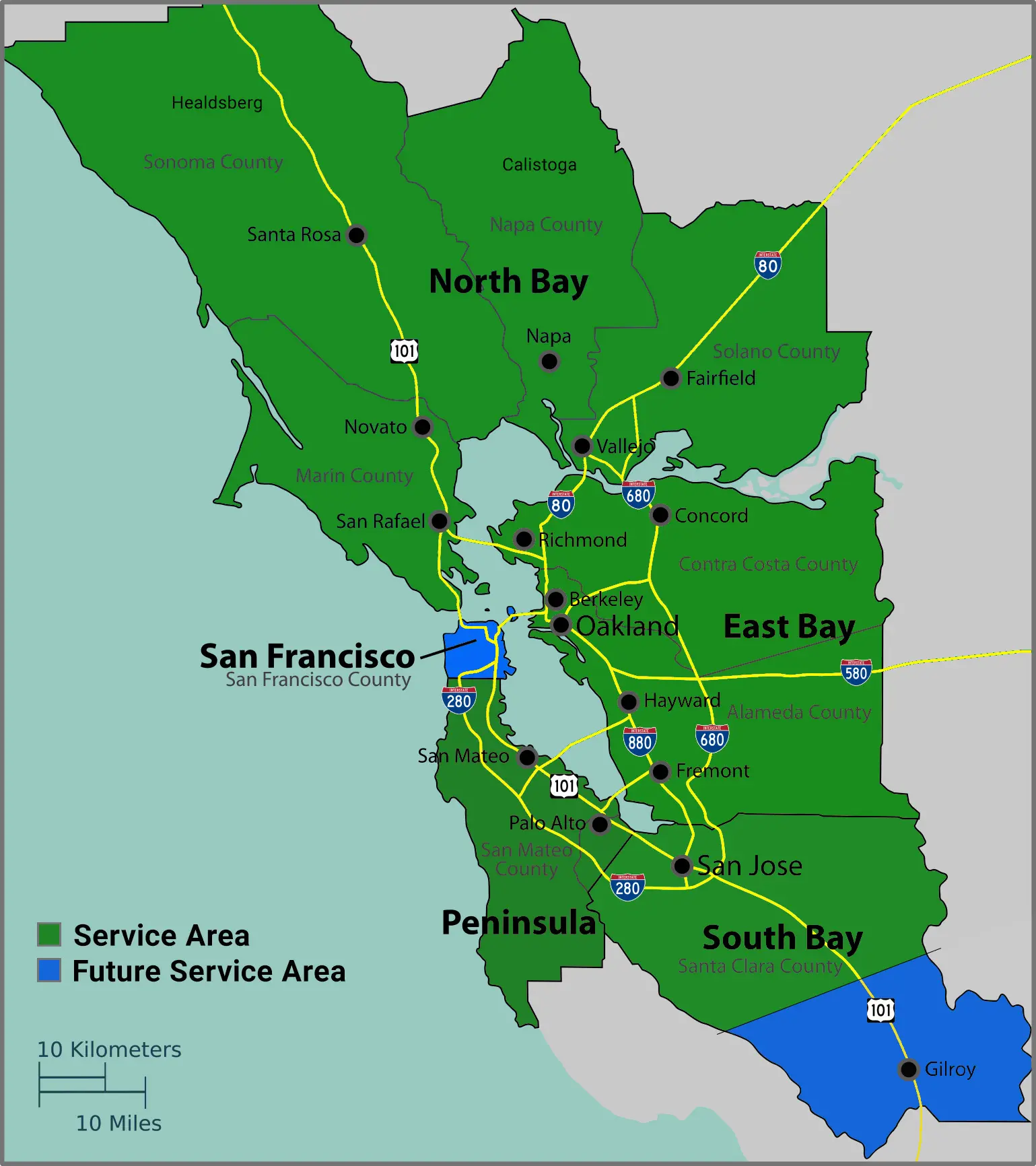 Map of the Green Glove Heroes San Francisco Bay Area service area, including current and future coverage