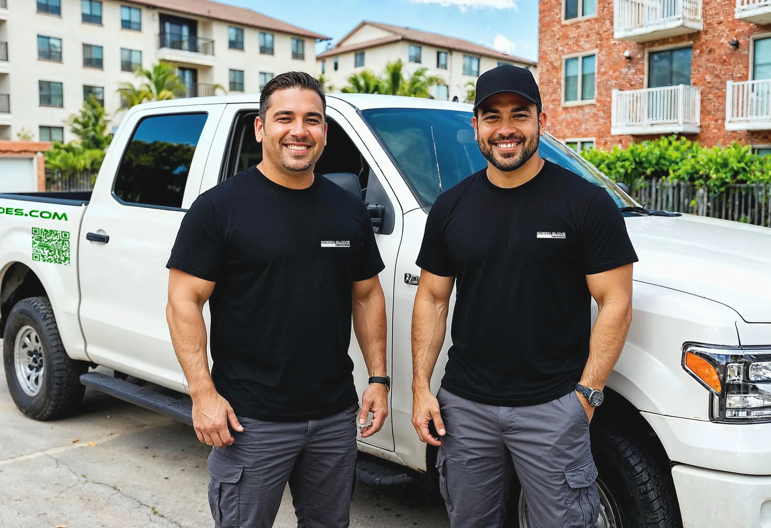 Green Glove Heroes crew members standing beside a company truck